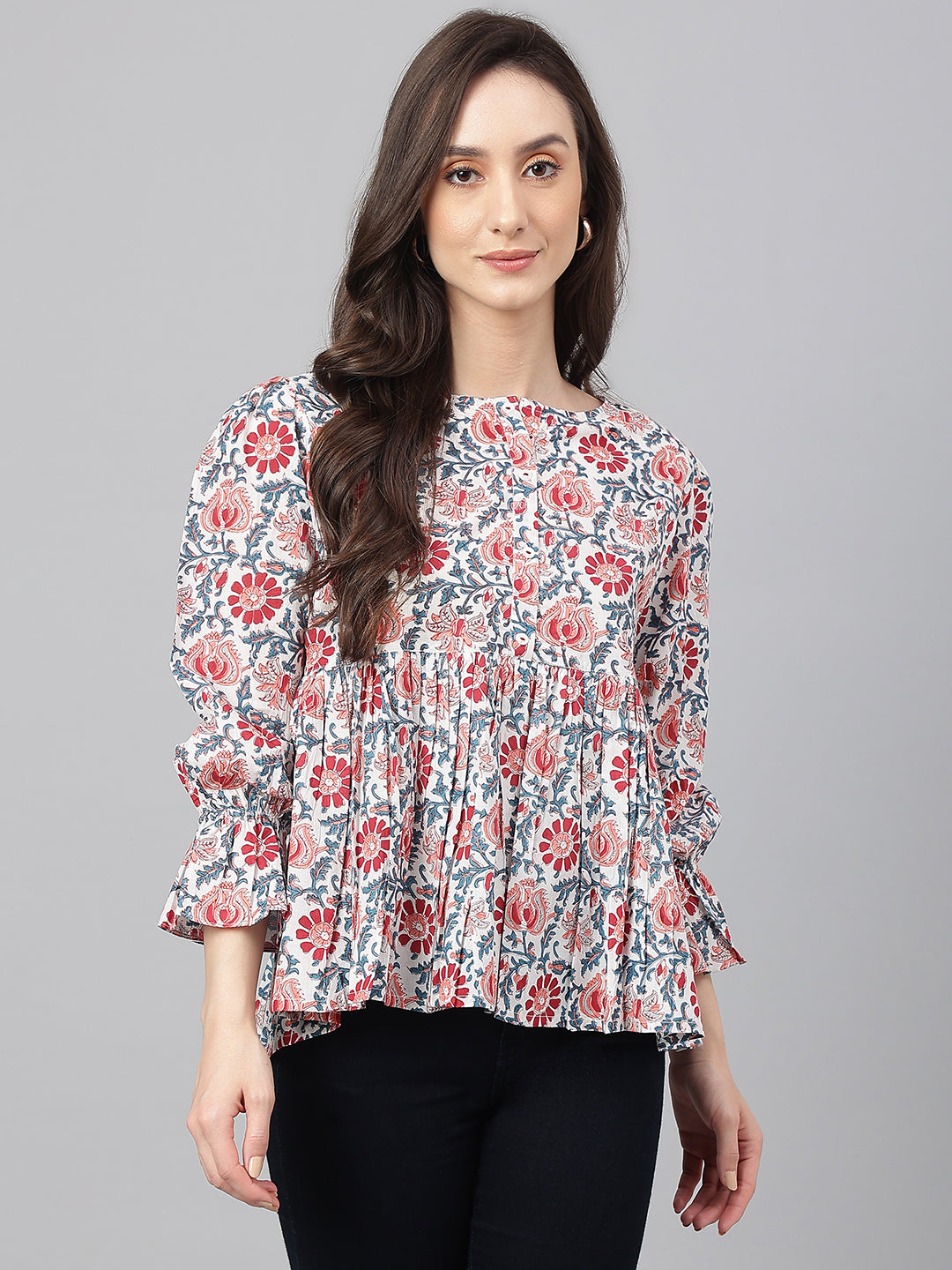 Women Cotton Floral Print Flared Top