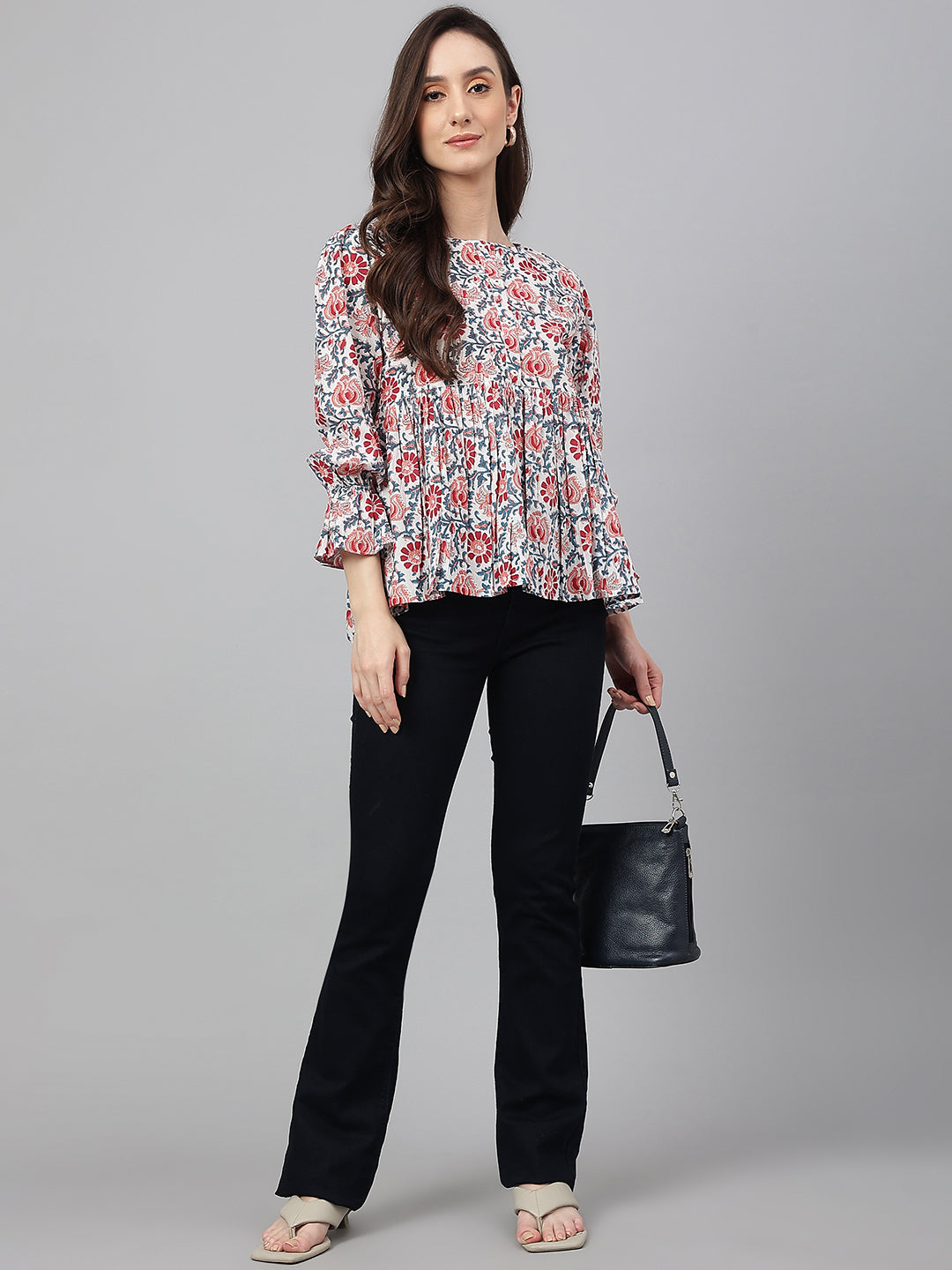 Women Cotton Floral Print Flared Top