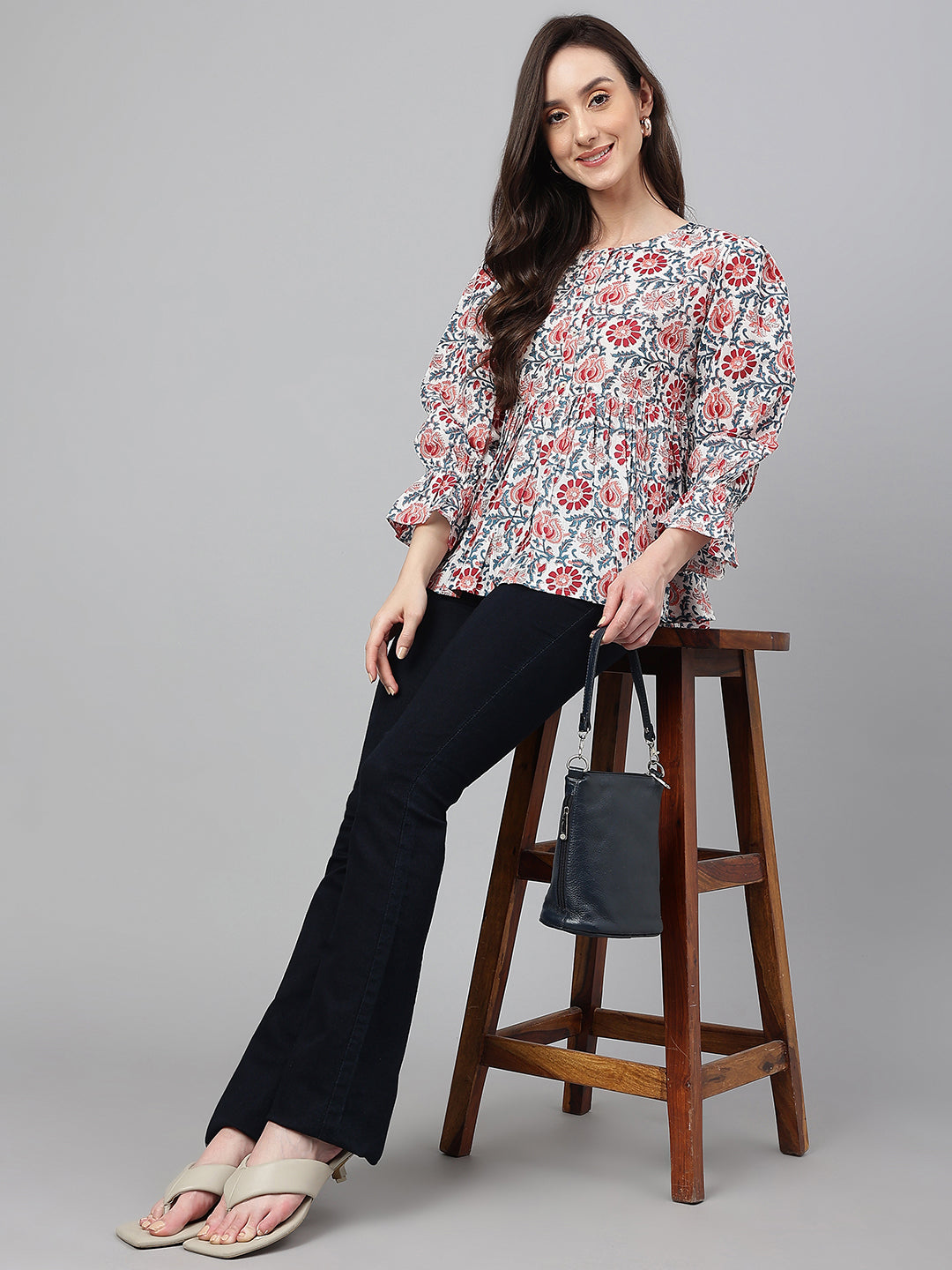 Women Cotton Floral Print Flared Top