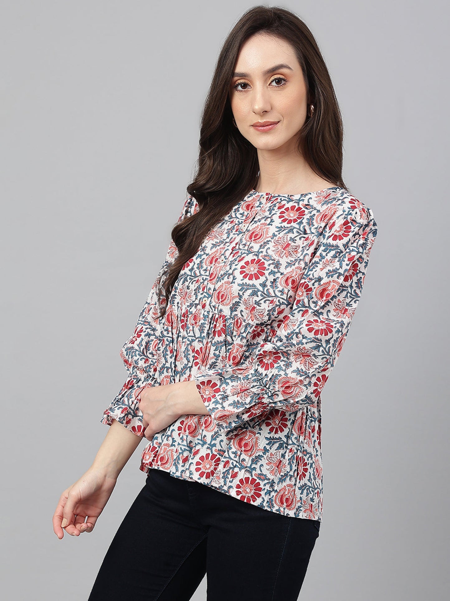 Women Cotton Floral Print Flared Top