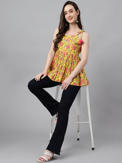 Printed Shoulder Tie-Ups Peplum Top