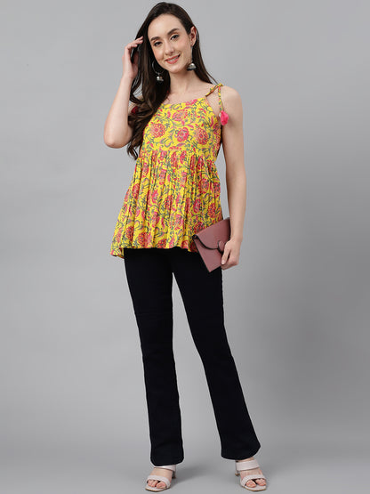 Printed Shoulder Tie-Ups Peplum Top