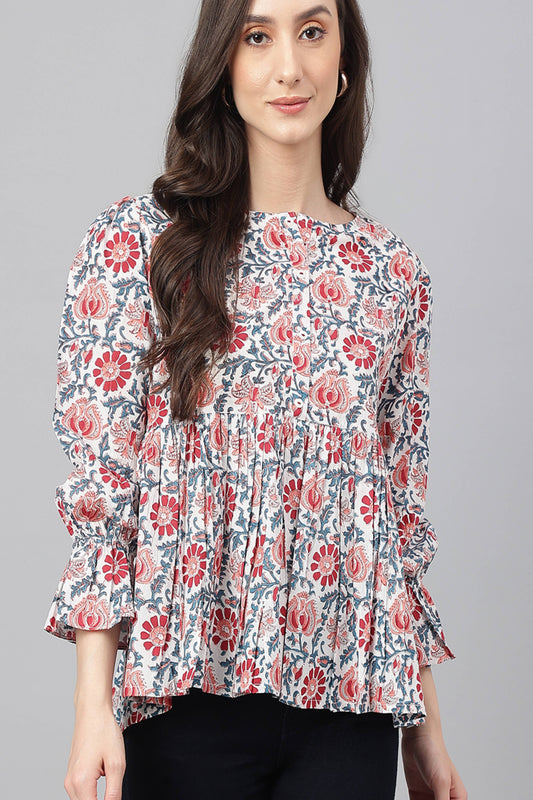 Women Cotton Floral Print Flared Top