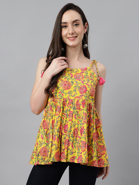 Printed Shoulder Tie-Ups Peplum Top