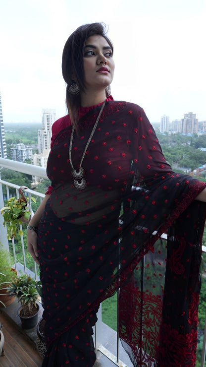 Black and Red Georgette chikankari Saree