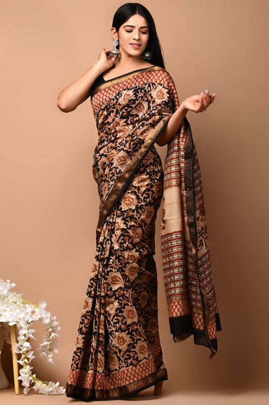 Rea and Black flower print Chanderi silk saree