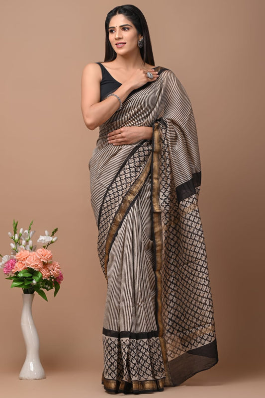 Black and white Maheshwari silk saree.