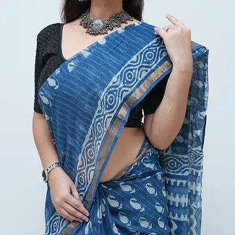Blue Kota Cotton  with hand block print