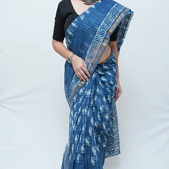 Blue Kota Cotton  with hand block print