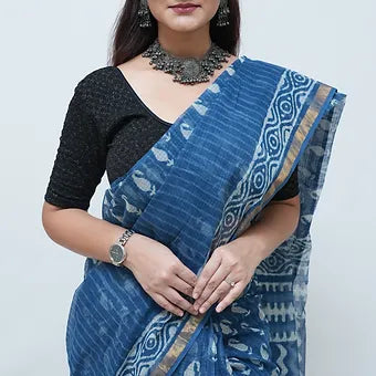 Blue Kota Cotton  with hand block print