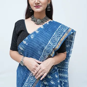 Blue Kota Cotton  with hand block print