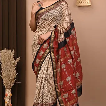 Tan and Red Chanderi  saree